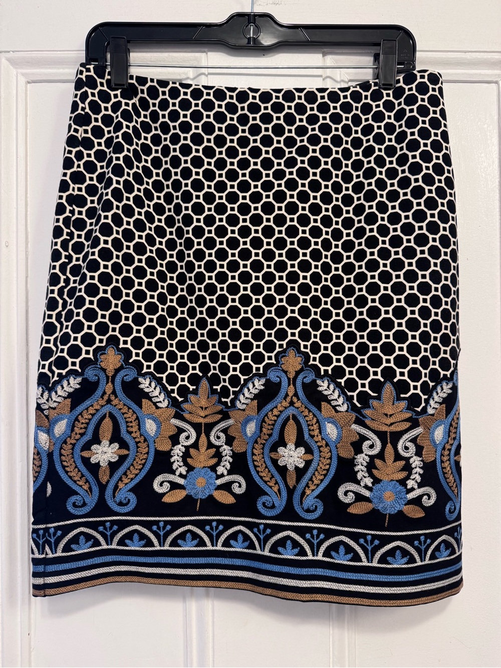 J. McLaughlin Black Pencil Skirt with Blue & Tan Embroidered Border
